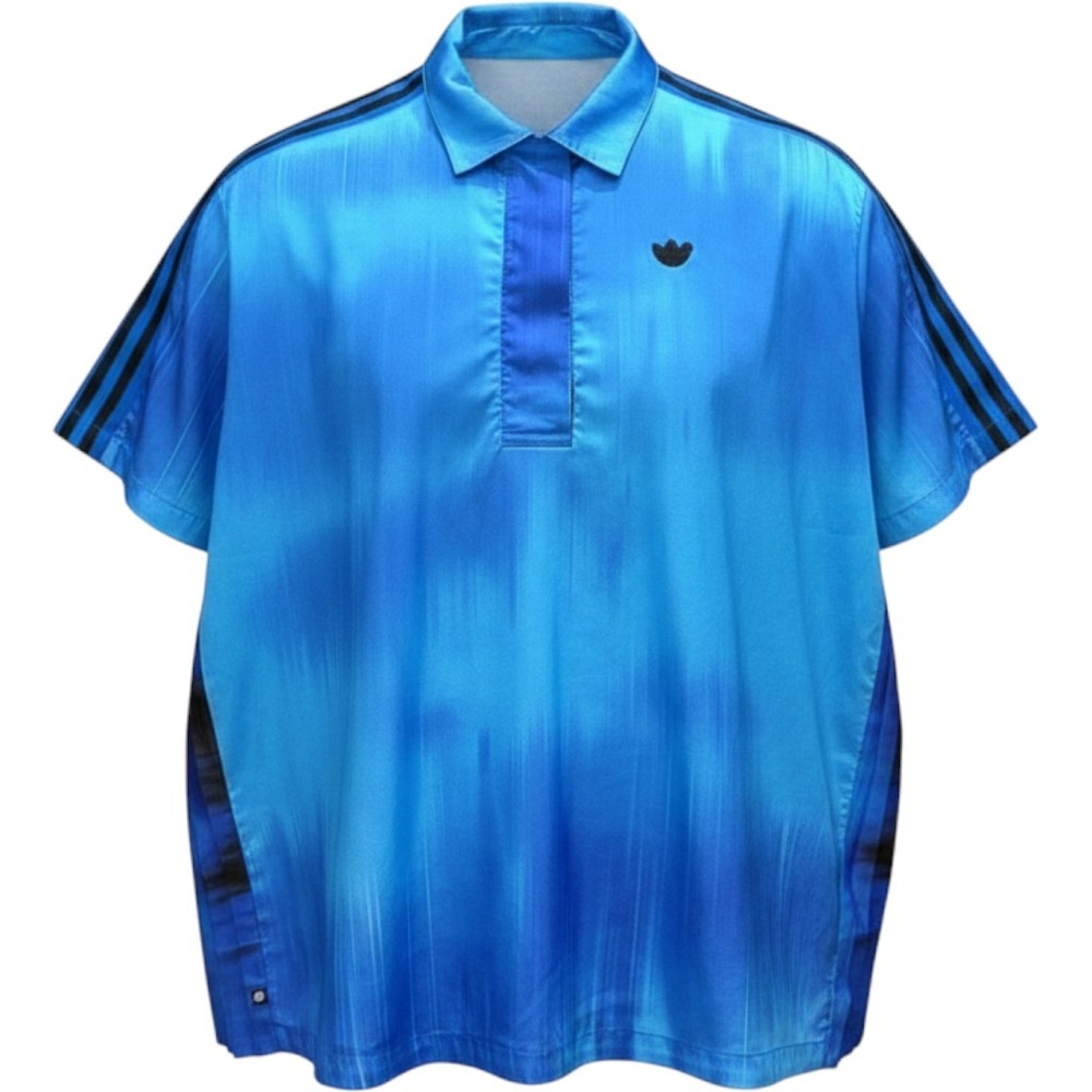 Adidas Originals Blue Ombre Pleated Back Polo Shirt Three Stripe Trefoil Top